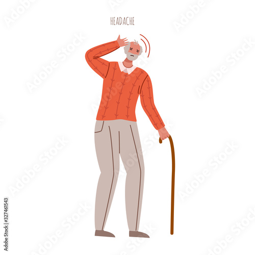 old people with Alzheimers or Parkinsons disease dementia signs and symptoms, confused aged senior men has bad headache or dizziness - vector isolated person on white