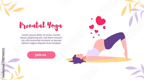 Landing Web Page Prenatal Yoga, Sport Future Mom. Banner, Website Pregnant Woman with Belly, Young Mother Training, Doing Exercises, Stretching. Vector Illustration Healthy Lifestyle