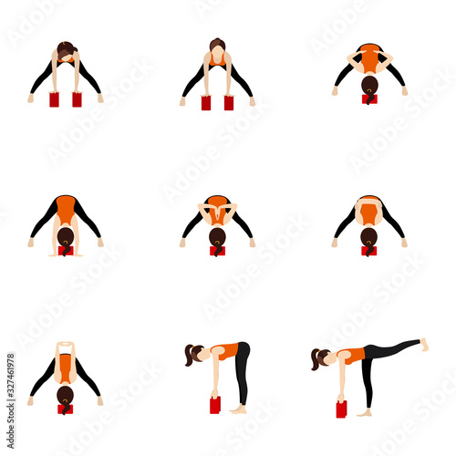 Forward bend standing yoga asanas set with blocks/ Illustration stylized woman practicing yoga postures with bricks