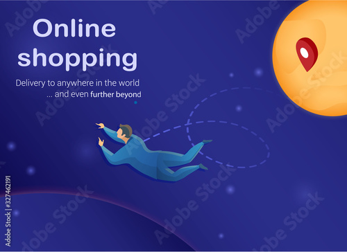 Online Shopping Concept Flat Cartoon Banner Vector Illustration. Customer Doing Food Order. Express Delivery and E-Commerce. Global Shipping Service. Delivery to anywhere in World.