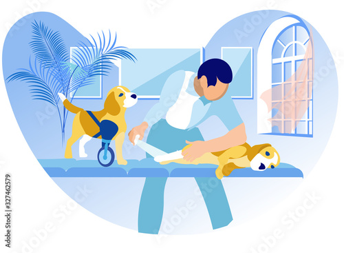 Medical Assistance for Animals with Disabilities. Veterinar Bandages Dogs Paw. Dog with Prosthesis Instead Paw. Veterinary Clinic Prosthetics. Vector Illustration on White Background.