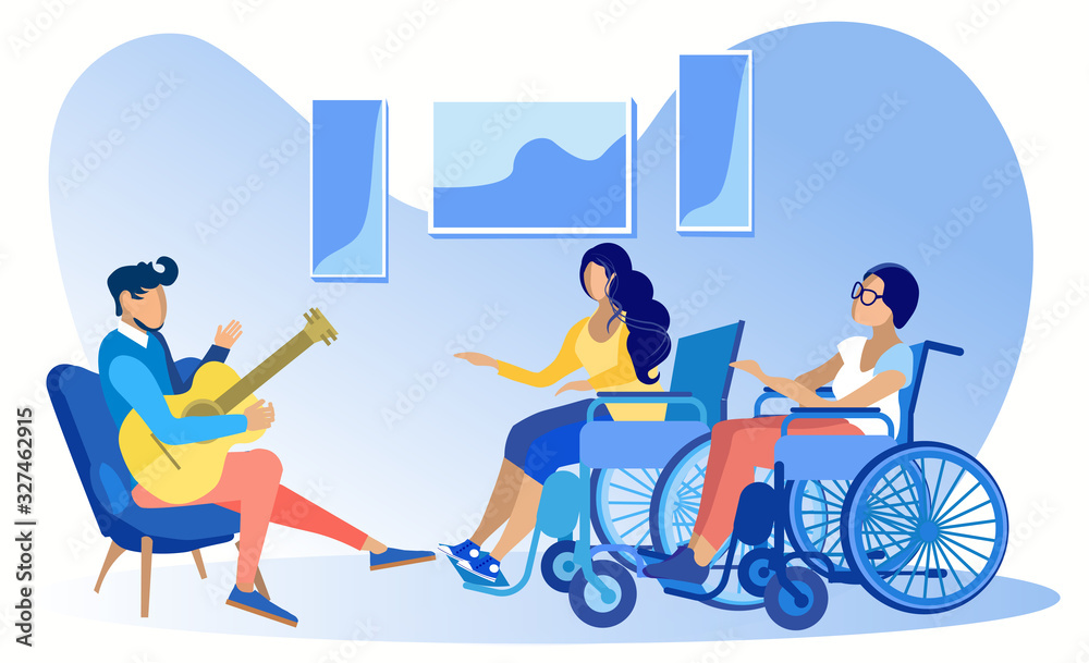 Fototapeta premium Young Disabled Ladies Friends Sitting Wheelchair Talking to Man Guitarist. Musical Lesson. Recreation for Handicapped People. Activities and Hobbies. Communication. Vector Flat Illustration