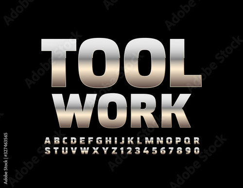 Vector chrome emblem Tool Work. Metal reflective Font. Silver Alphabet Letters and Numbers