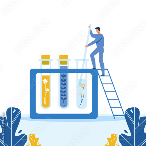 Cartoon Scientist Standing on Ladder and Mixing Liquid with Herbals in Huge Test Tube. New Organic Drugs, Homeopathic Mixtures, Natural Medications Preparation Metaphor. Vector Flat Illustration