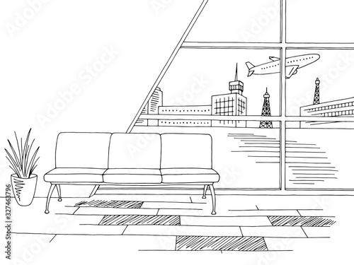 Airport interior graphic black white sketch illustration vector