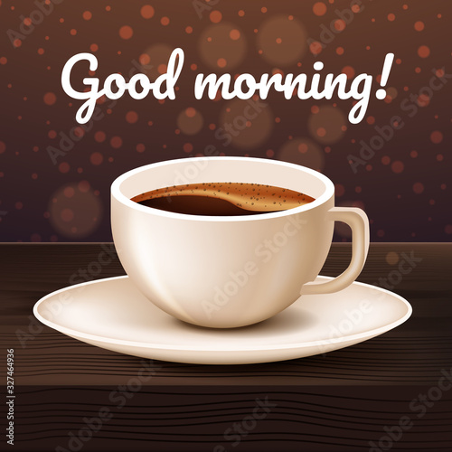 3D Cup Coffee with Saucer on Brown Background. Natural Arabica. Vector Illustration. Nature Composition. Advertising Poster Candy Shop. Confectionery Delicious. Aroma Coffee. Cup Latte on Table.
