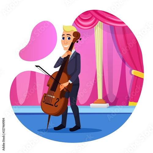 Informative Flyer Cello Solo Performance Flat. Banner Performing Diverse and Complex Repertoire. Man in Suit Performs Classic Piece on Stage, Using Cello Cartoon. Vector Illustration.
