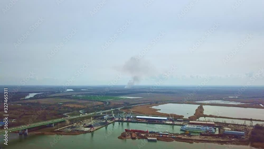 fire and smoke in the distance. Panorama. Top view fire and smoke in the distance. Panorama. Top view