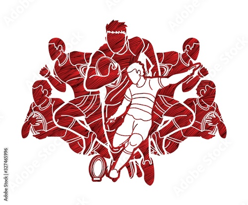 Group of Rugby players action cartoon sport graphic vector