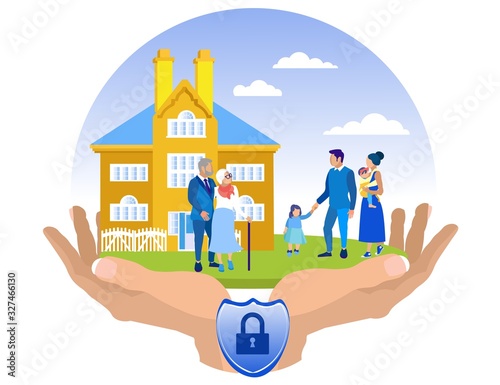 Young Family with Children and Elderly Parents at Home Background. Vector Illustration. Reliable Protection. Insurance for Family. Insurance Case. Insured Property. Protecting Property in Safe Hands.
