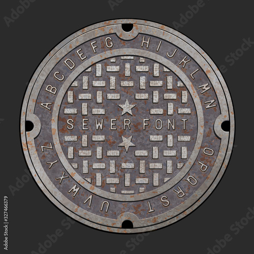 Old rusty iron alphabet font on realistic manhole cover.  Easy to edit vector design with layers.  Sewer cover template for use in your unique design. 
