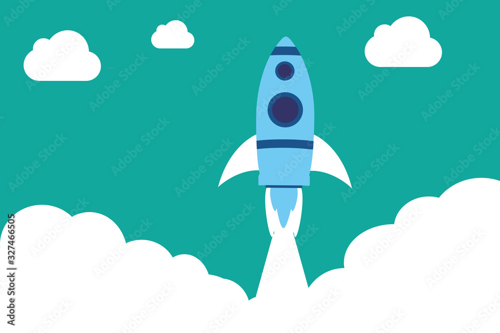 Rocket launch in the sky flying over clouds. Space ship in smoke clouds. Business concept. Rocket launch in the sky flying over clouds. Space ship in smoke clouds. Business concept.