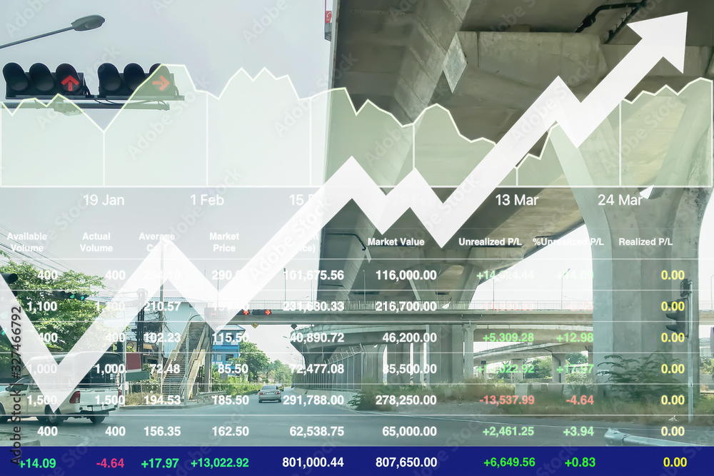 Stock financial index of successful investment on superhighway transportation business with chart and graph on superhighway perspective background in Bangkok Thailand.