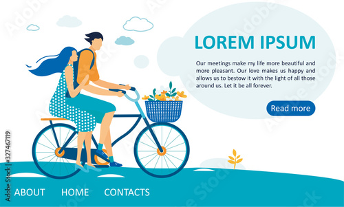 Young Loving Couple of Man and Woman Riding Bicycle with Basket Full of Flowers on Nature Landscape Background. Summer Time Vacation, Romantic Voyage, Love. Cartoon Flat Vector Illustration, Banner