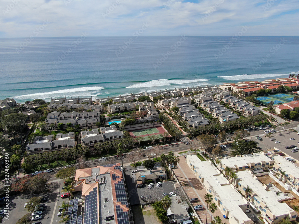 Aerial view of condo community next to the beach and sea in south california. Solana Beach. USA