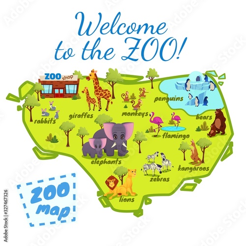 Welcome to the Zoo Map, Nature Infographics Elements with Elephant, Giraffe, Lions, Monkey, Kangaroo, Flamingo, Rabbits, Zebra, Bear, Penguins. Funny Animals in Park Cartoon Flat Vector Illustration