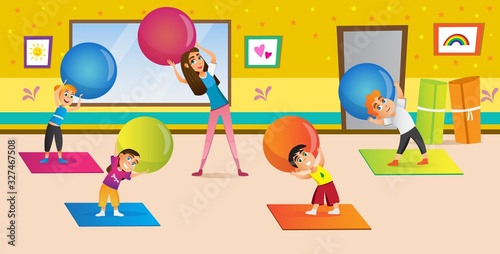 Cartoon Woman Teaching Children Stretch with Gymnastics Ball Vector Illustration. Pilates Training Yoga Exercise. Sport Trainer Instructor Teach Kids. Boy Girl in Sportswear in Gym Room © Mykola