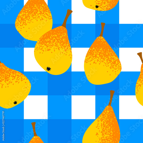 seamless pattern with a blue checkered tablecloth with pears. Modern abstract design for paper, cover, fabric, interior decor
