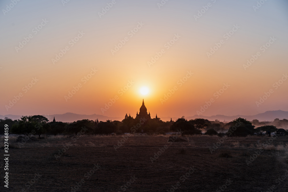 Beautiful sunset over ancient pagodas field at bagan in Myanmar