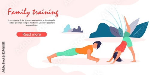 Mother and Little Daughter Healthy Lifestyle. Woman Stand in Plank Posture, Girl Doing Yoga Asana or Pilates Workout. Family Training, Sport Workout Cartoon Flat Vector Illustration, Horizontal Banner