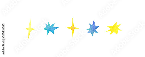 Yellow and blue star banner on a white background. Children s watercolor illustration. Clipart stars.