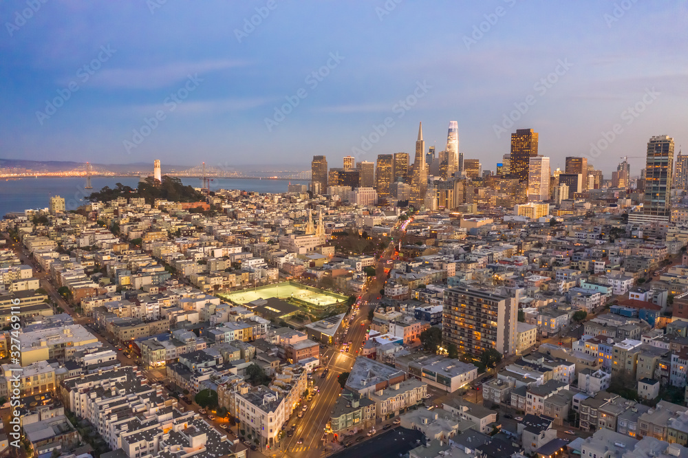 San Francisco downtown buildings skyline aerial drone