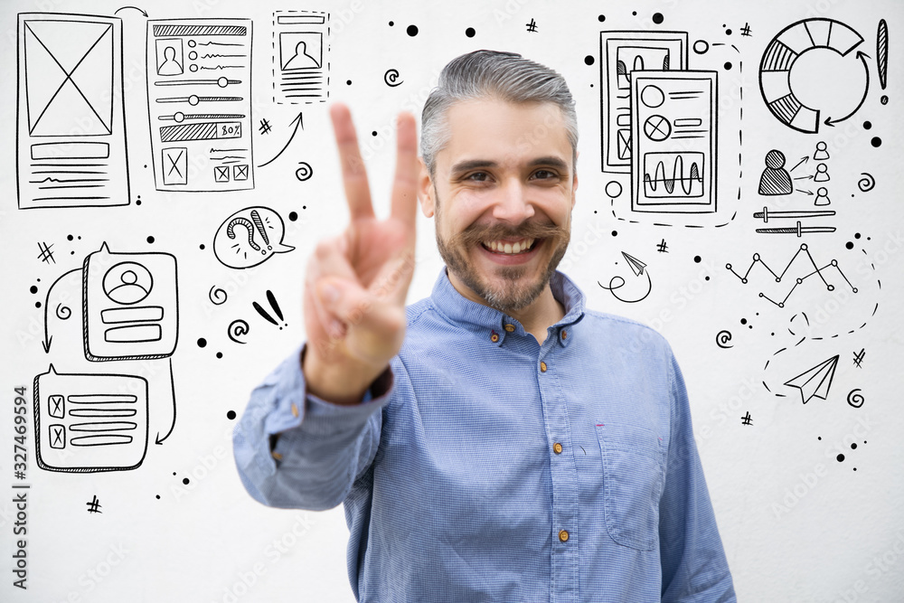 Hand drawn UI or UX pictures with handsome guy gesturing. Smiling bearded man showing peace sign. Gesture concept Hand drawn UI or UX pictures with handsome guy gesturing. Smiling bearded man showing peace sign. Gesture concept