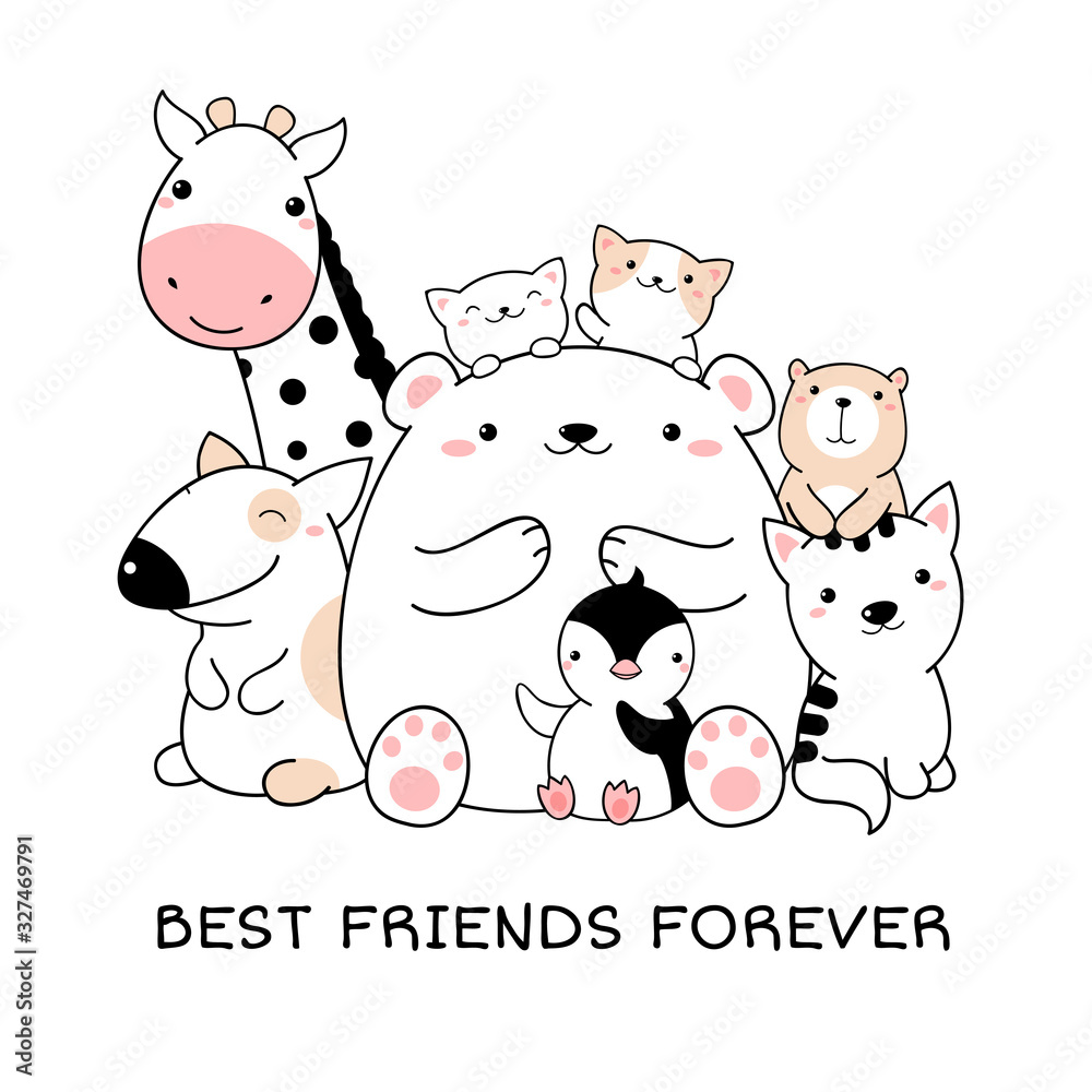Best friends forever. Group of cute animals in kawaii style Stock ...