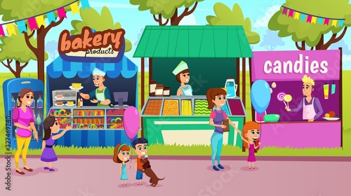 Advertising Poster Bakery Product and Candies. Shops are Located in Several Places Fair. Women with Children are Standing Next to Trading Tent. Sellers Offer Pastries and Sweets. Vector Illustration.