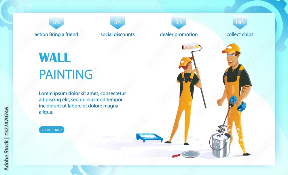 Wall Painting Service Flat Cartoon Banner Vector Illustration. Repairmen in Yellow Overalls Holding Paint Roller and Mixing Color Website Design. Handymen in Cap Landing Page. Workers in Uniform.