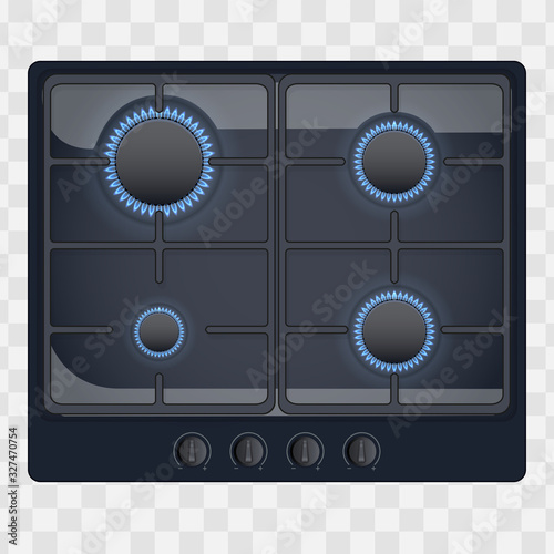 Surface of gas hob. Switch On. Domestic kitchen equipment. Black Color. Above view of stove. Editable Vector illustration Isolated on transparent background.