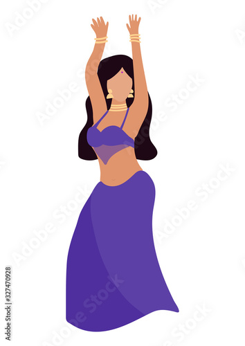 A woman in a violet dress is dancing belly dance. vector graphic for design of dance school poster, party poster, invitation, advertisement.Beautiful lady in flat style