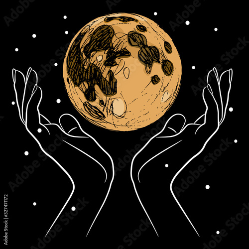 Isolated vector illustration. Female hands holding full moon in night sky. Creative concept.