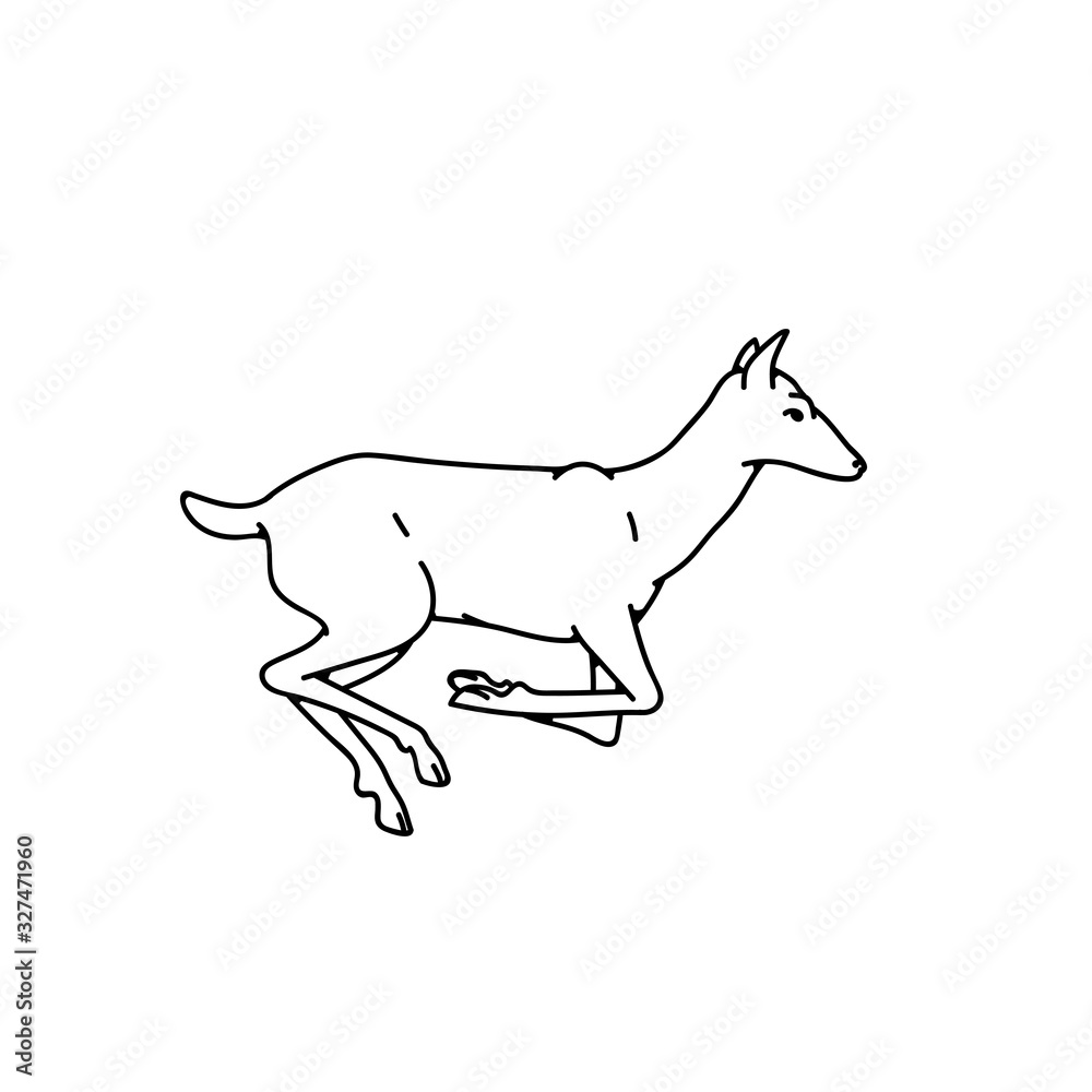 Fototapeta premium Wild deer female jumped vector outline black white sketch illustration.
