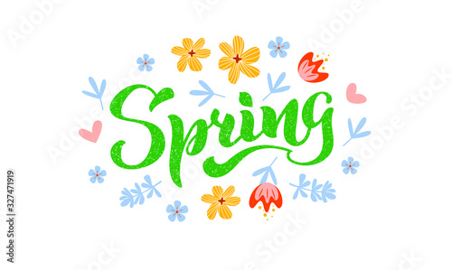 Spring Handwritten green lettering isolated on white. Vector illustration with flat flowers for poster  card  calendar  spring logo  bullet journal. Concept spring advertising. EPS 10