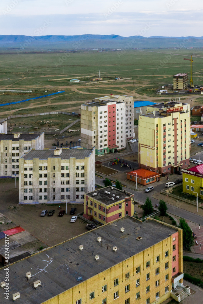 Aerial view of Baganuur, one of the nine districts of Ulaanbaatar in Mongolia, circa June 2019
