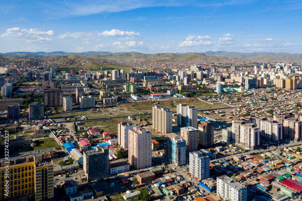 Aerial view of Ulaanbaatar, the capital of Mongolia, circa June 2019