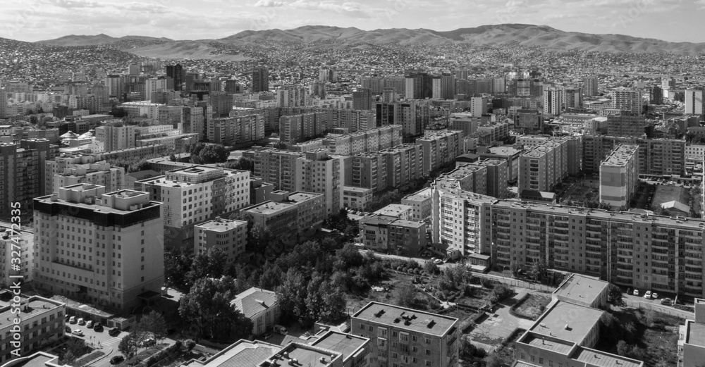 Aerial view of Ulaanbaatar, the capital of Mongolia, circa June 2019