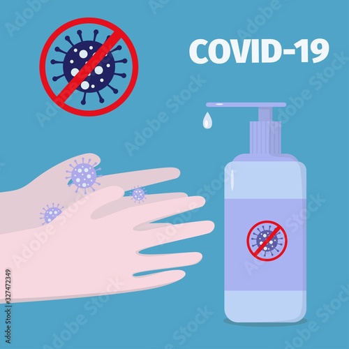 Coronavirus prevention. Stop COVID-19. USe hand sanitizer concept. Coronavirus prevention. Vector illustration for poster, banner,  flyer.