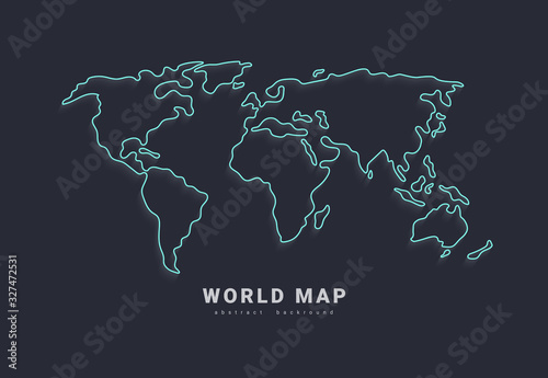 World vector map. Earth planet neon stylized line outline stroke. fAbstract illustration isolated on dark background