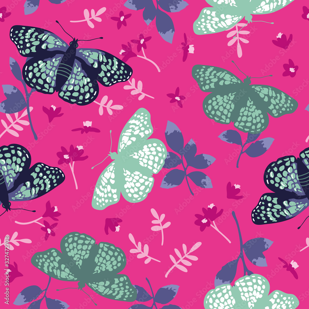 Vector seamless pattern with bright butterflies, leaves and flowers. Hand drawn texture design Vector seamless pattern with bright butterflies, leaves and flowers. Hand drawn texture design