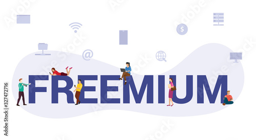 freemium freeware software business concept with big word or text and team people with modern flat style