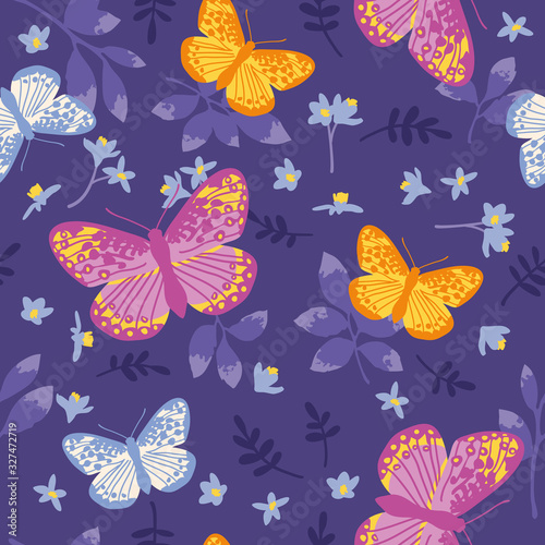 Vector seamless pattern with bright butterflies, leaves and flowers. Hand drawn texture design
