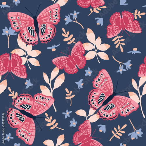 Vector seamless pattern with bright butterflies, leaves and flowers. Hand drawn texture design