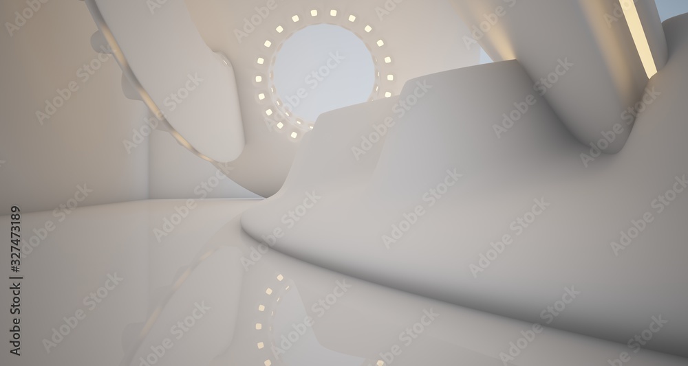 Abstract architectural background. White interior with smooth discs. Neon lighting. 3D illustration and rendering.