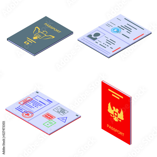 Passport icons set. Isometric set of passport vector icons for web design isolated on white background
