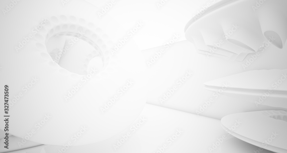 Abstract architectural background. White interior with smooth discs. 3D illustration and rendering. Abstract architectural background. White interior with smooth discs. 3D illustration and rendering.