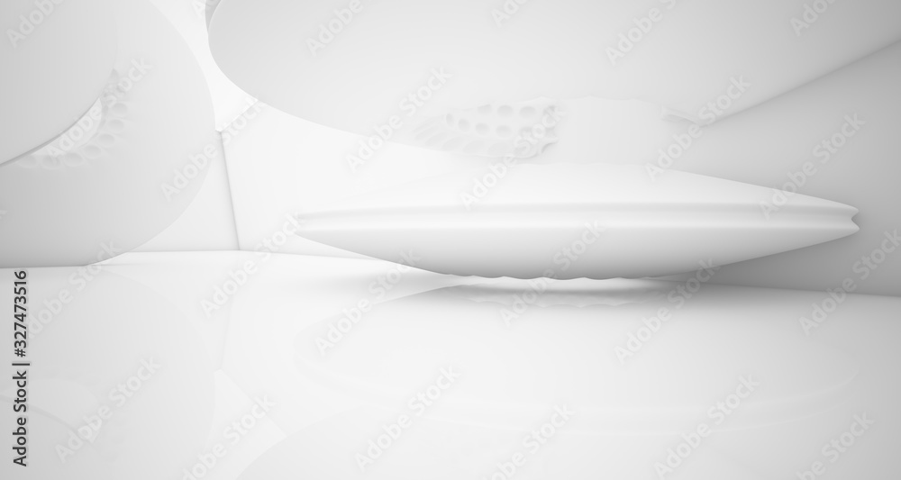 Abstract architectural background. White interior with smooth discs. 3D illustration and rendering. Abstract architectural background. White interior with smooth discs. 3D illustration and rendering.