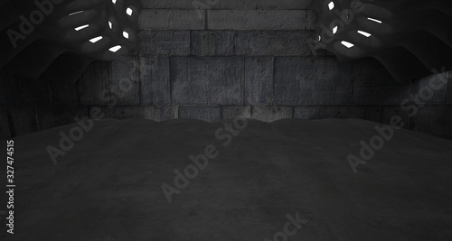 Architectural background. Abstract concrete interior with smooth chrome discs. Neon lighting. 3D illustration and rendering