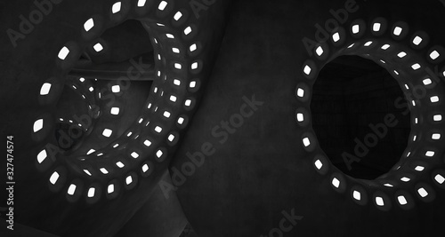 Architectural background. Abstract concrete interior with smooth chrome discs. Neon lighting. 3D illustration and rendering